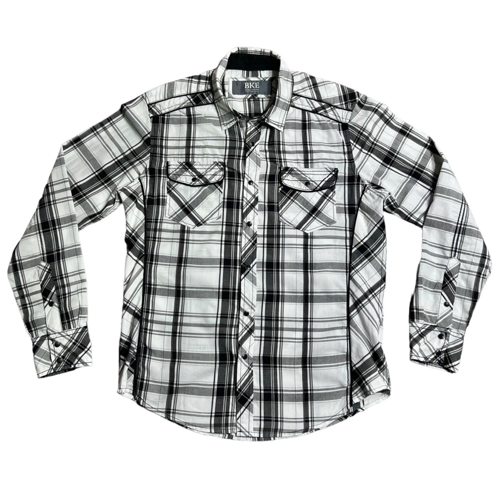 BKE Men’s Athletic Fit Black White Plaid Pearl Snap Button Down Shirt Sz Med
